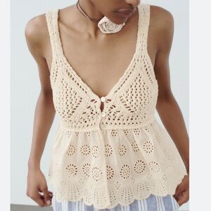 Zara Cream Knitted Crochet Sleeveless Shirt￼ Top Women’s Size M Open Front